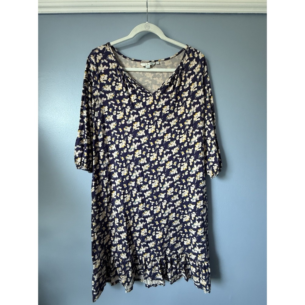 Boden Deep Purple Floral Dress Midi Ruffle Button Closure Size 10L  100% Viscose